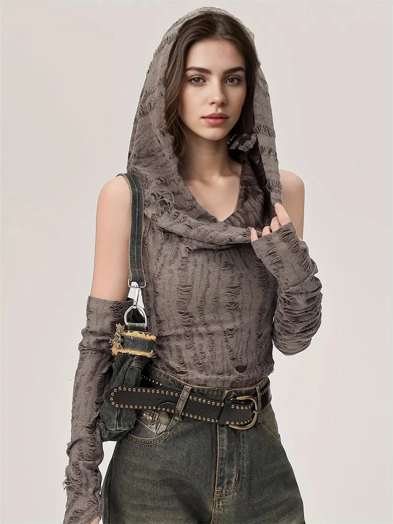 Ripped hooded crop top with separated sleeves