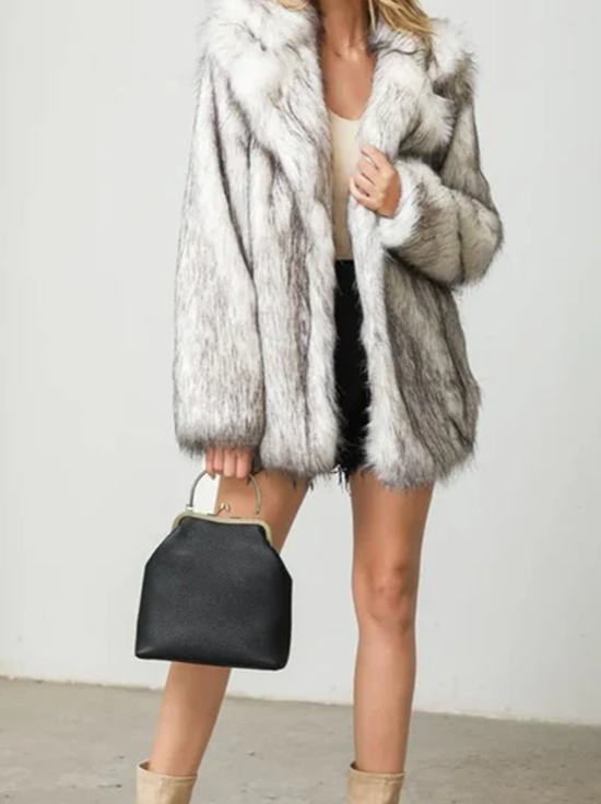 Black & White Faux Fur Coat for Women - Turn Down Collar Maxi Jacket