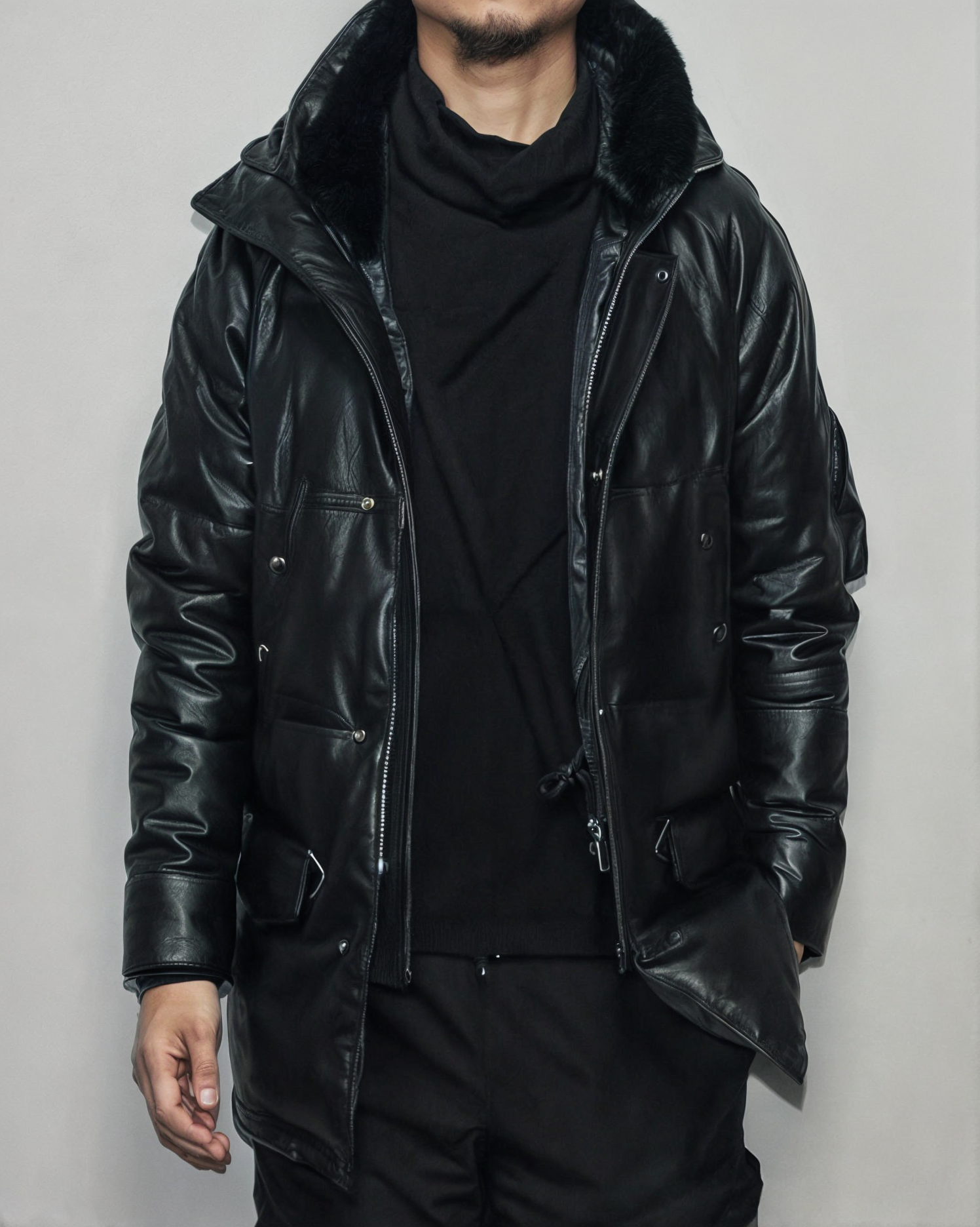 Cowhide Black Leather Hooded Trench Jacket